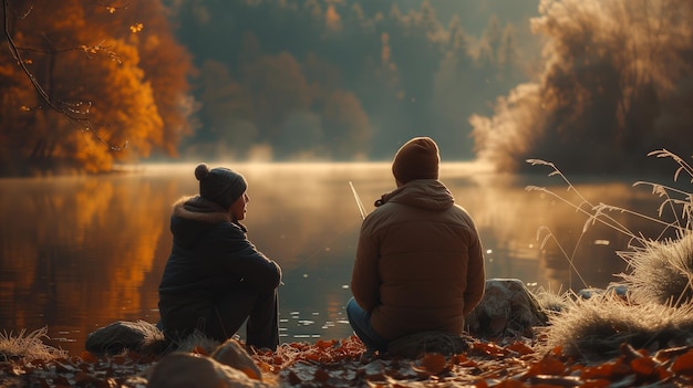 Pai e filho pescando juntos na luz dourada do outono