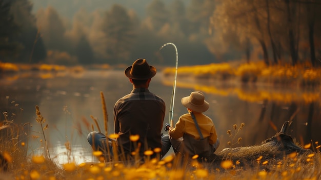 Pai e filho pescando juntos num lago tranquilo