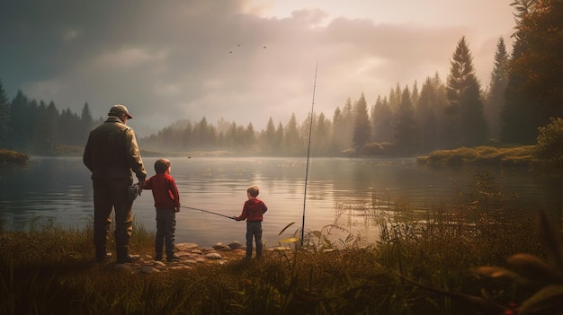 Pai e filho pescando no lago