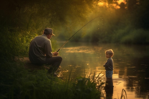 Pai e filho pescando no lago