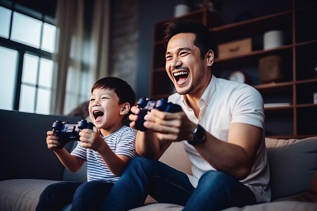 Pai e filho riem e jogam videogame juntos Generative AI