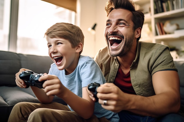 Pai e filho riem e jogam videogame juntos Generative AI