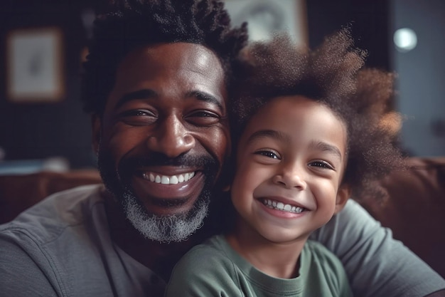 Pai e filho rindo e tirando uma selfie engraçada em casa para a comemoração do Dia dos Pais
