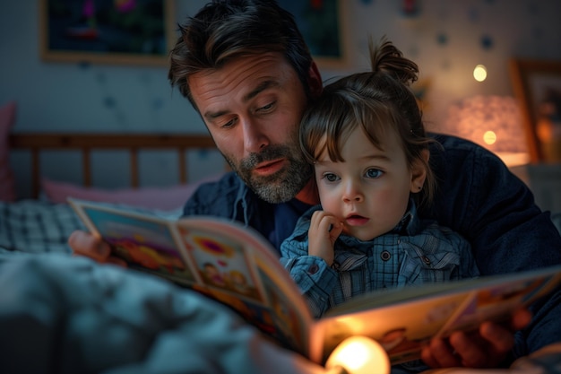 Pai e filho se divertem com uma história para dormir