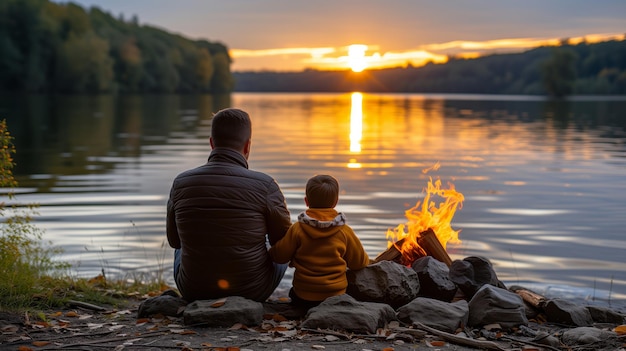 Pai e filho se unindo junto à fogueira no pôr-do-sol de Lakeside