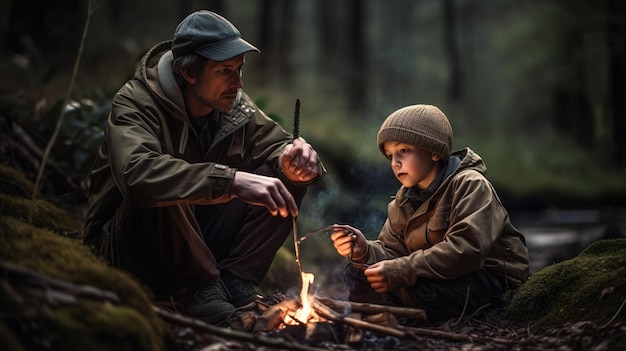 Pai e filho sentados perto de uma fogueira em um dia frio