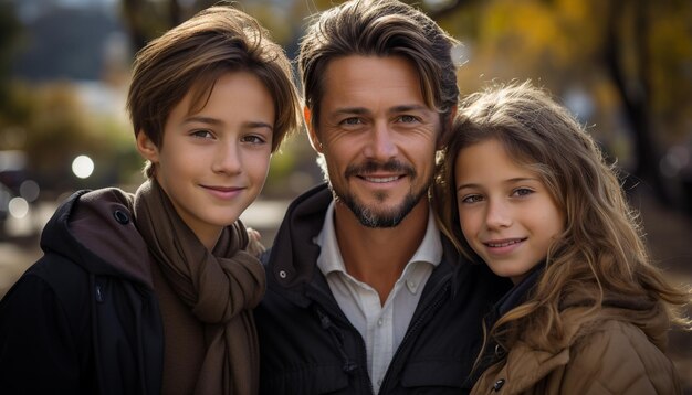 Pai e filho sorrindo abraçados na natureza pura felicidade gerada pela inteligência artificial