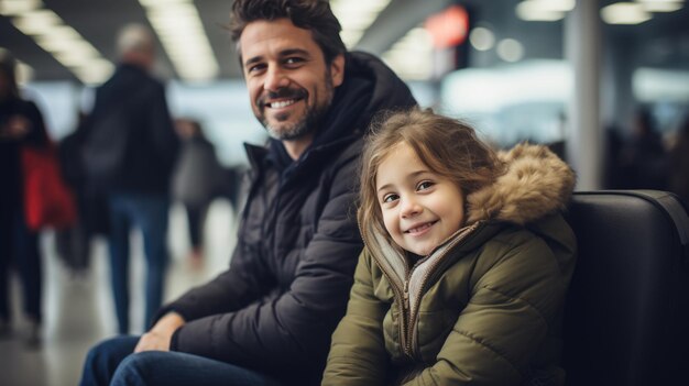 Pai e filho sorrindo enquanto esperam por um avião na área de espera do aeroporto