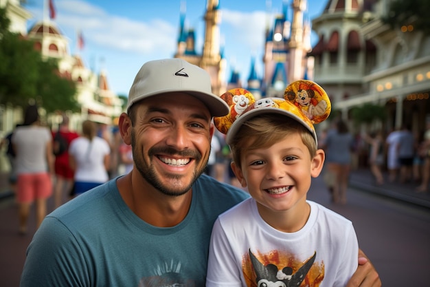 Pai e filho sorrindo para a câmera