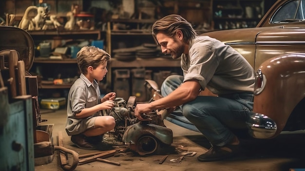 Pai e filho trabalhando em um motor de carro