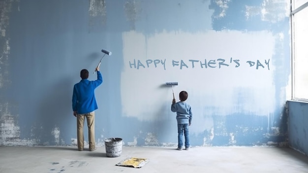 Pai e filho unidos por uma tarefa comum pintando uma parede junto com o texto Feliz Dia dos Pais
