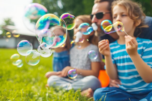 Pai e filhos a soprar bolhas no parque.