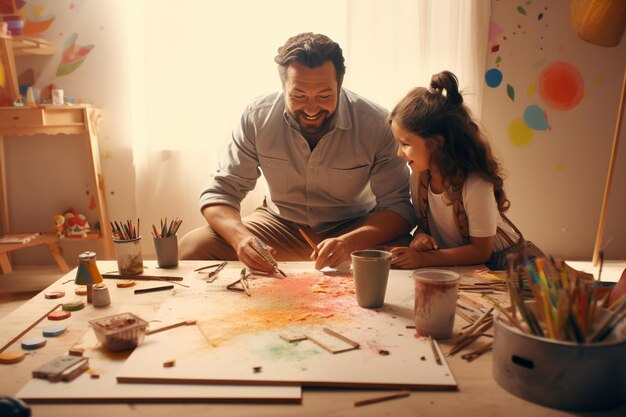 Foto pai e filhos criando uma melhoria de casa diy