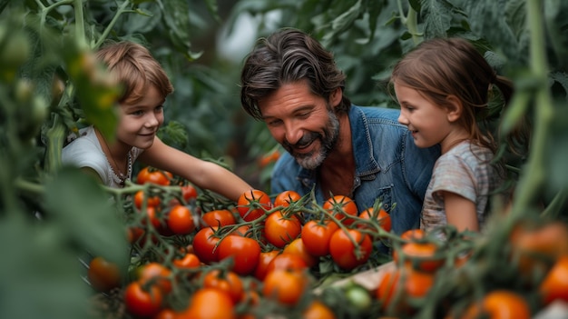 Pai e filhos olhando para os tomates que crescem no jardim