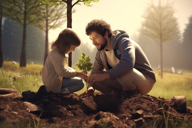 Foto pai e filhos participando de uma plantação de árvores