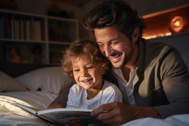 Pai e filhozinho lendo um livro deitados na cama