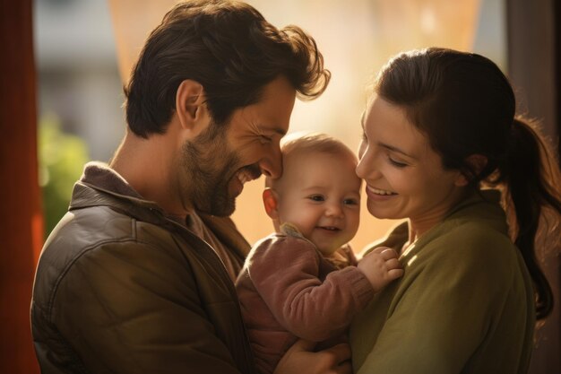 pai e mãe felizes segurando seu bebê e sorrindo para o seu bebê