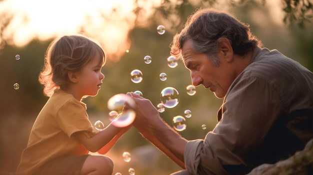 Pai e seu filho brincando com bolhas durante a hora de ouro