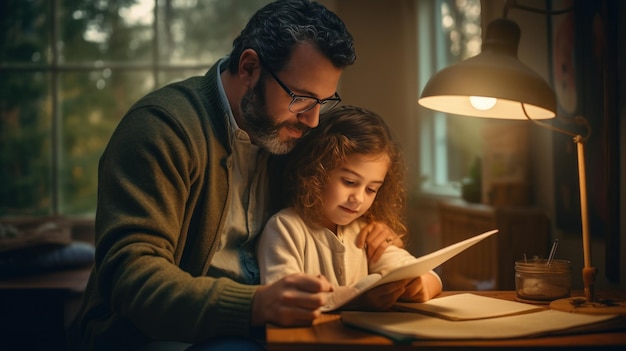 pai ensinando a filha a lição de casa em casa