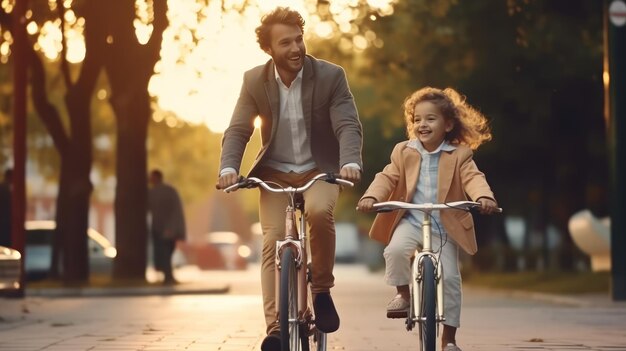 Pai ensinando filho a andar de bicicleta no subúrbio