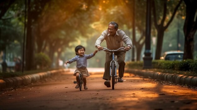 Pai ensinando filho a andar de bicicleta