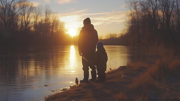 Pai ensinando filho a pescar ao pôr-do-sol junto ao rio