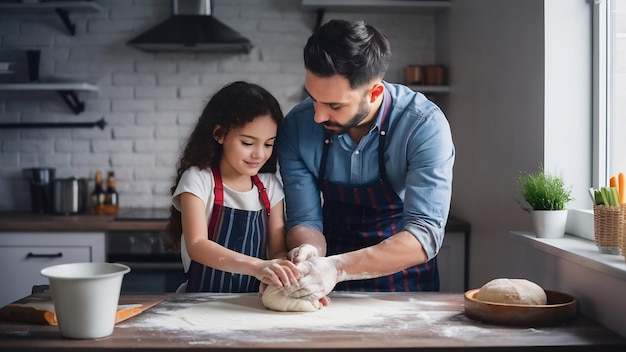 Pai ensinando sua filha a fazer pão ou tartes