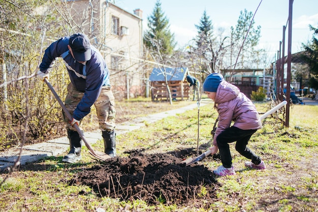 Pai ensinando sua filha a plantar uma nova árvore na primavera