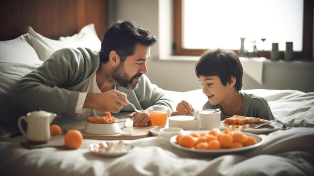 Pai feliz com filho no Dia dos Pais desfrutando de café da manhã na cama no Dia dos Pais de manhã