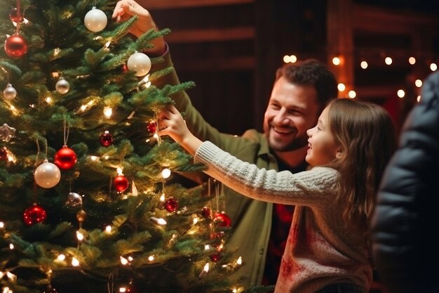 Pai feliz e sua filha decoram a árvore de Natal em casa Luzes de Natal Foco seletivo Fundo desfocado