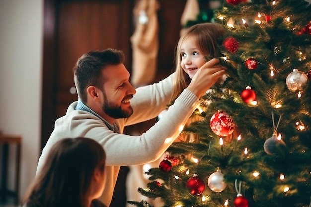 Pai feliz e sua filha decoram a árvore de Natal em casa Luzes de Natal Foco seletivo Fundo desfocado