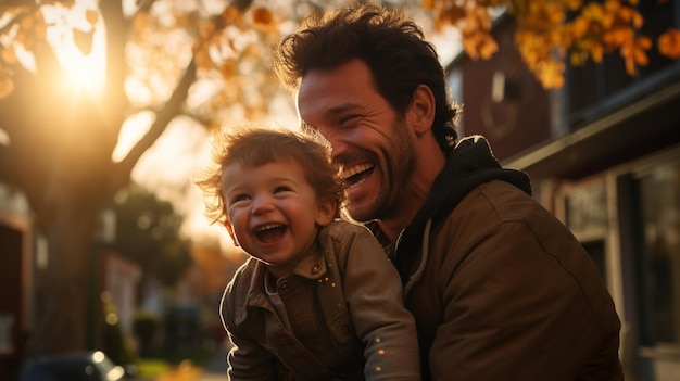 Pai feliz sorrindo brincando com o filho no quintal da frente pela manhã Felicidade dia de família