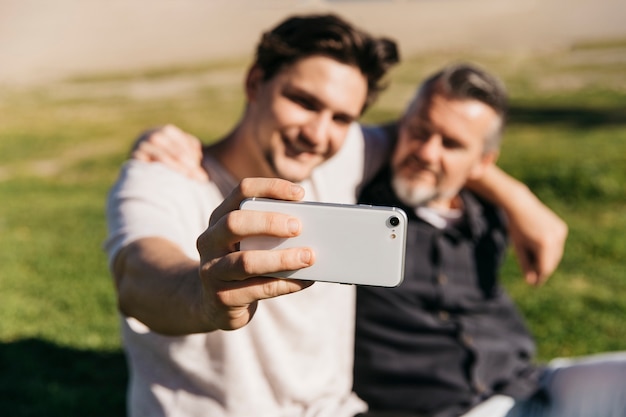 Foto pai filho, levando, selfie