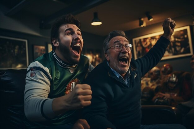 Foto pai idoso e filho adulto torcendo por uma ia generativa de time de futebol americano