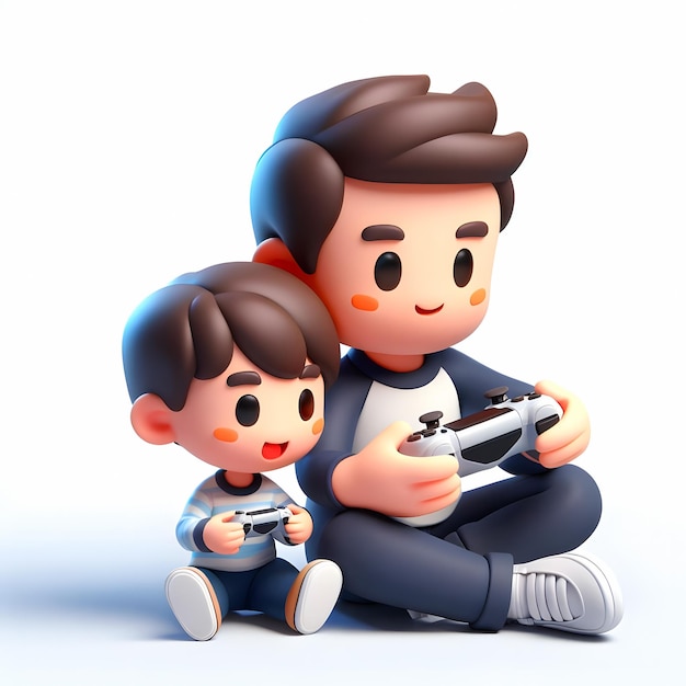 pai jogando videogames com seu filho renderização 3D