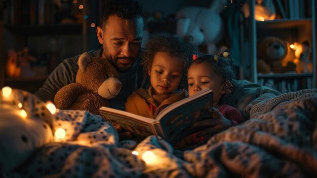 Pai lendo uma história para os filhos antes de dormir