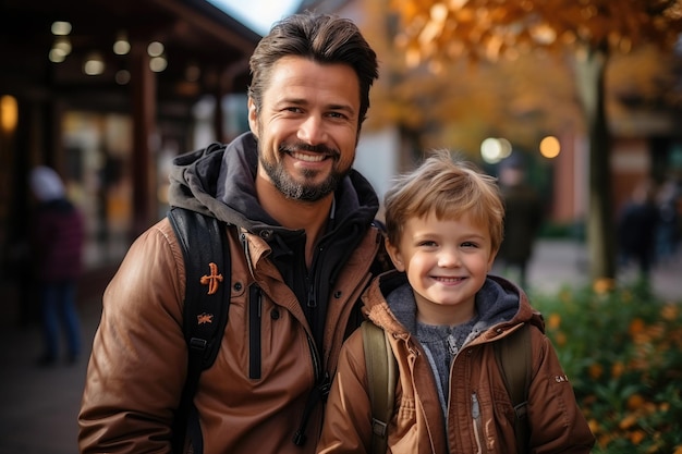 Pai levando filho ao jardim de infância e tirando fotos juntos Retrato ao ar livre de pai e filho com mochilas