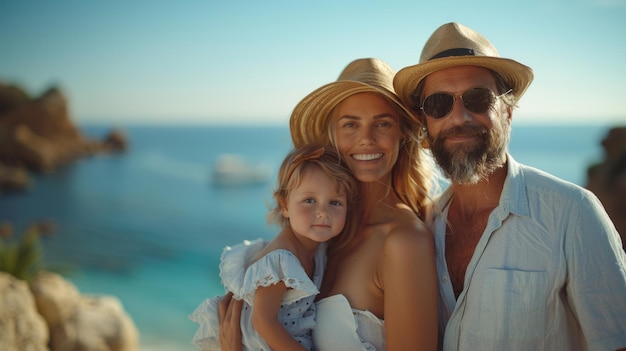 Pai, mãe e filho em férias de verão contra o fundo do mar azul e do céu