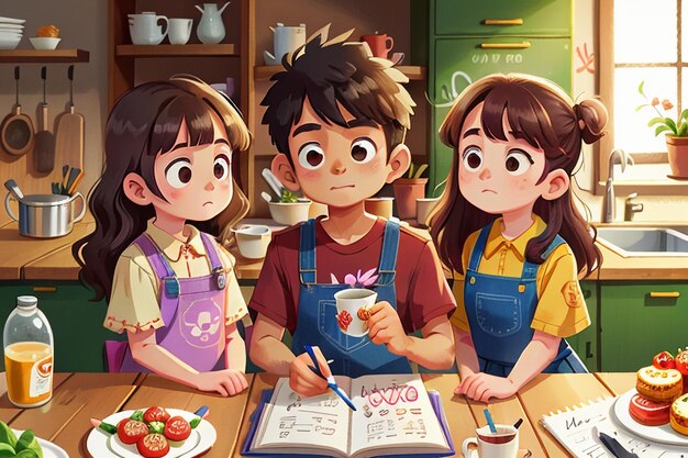 pai mãe e filho família cozinhando na cozinha ilustração de fundo de papel de parede familiar quente