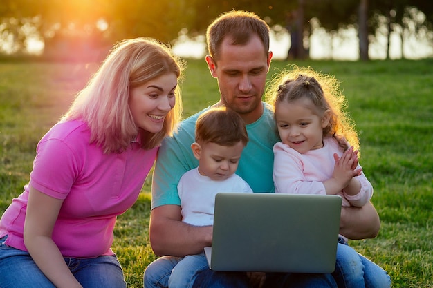 Pai mãe e seus dois bebês fofos menina e menino sentado na grama olhando para laptop no parque de verão