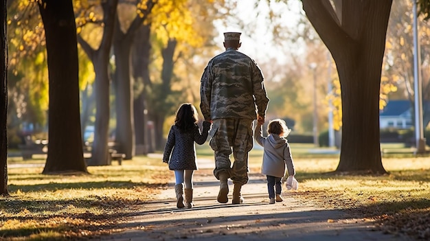 Pai militar andando com suas duas filhas no parque vista traseira Generative AI