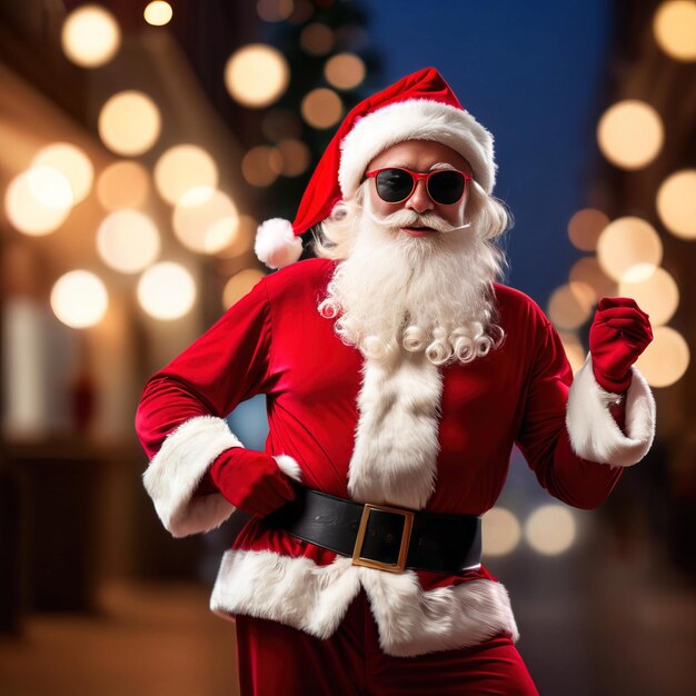 Pai Natal legal usando óculos de sol e celebrando o Natal com movimentos de dança legais