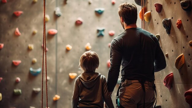 Foto pai observando filho em uma parede de escalada inteligência artificial gerativa