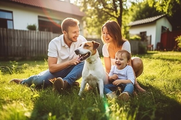 Foto pai sorridente, mãe e filho, acariciam e brincam com o cão fox terrier retriever suave o sol brilha na idílica família feliz com o cão leal com pedigree se diverte no idílico quintal da casa suburbana