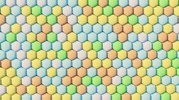 Painéis coloridos com padrão de favo de mel em padrões abstratos de fundo de forma hexagonal 3D render ilustração