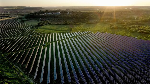 Painéis de estação de energia solar de ecologia nos campos energia verde no ambiente de natureza de inovação elétrica de paisagem do sol.