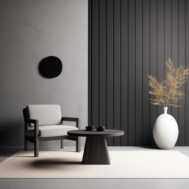 Painéis de parede cinza e uma mesa lateral preta minimalista