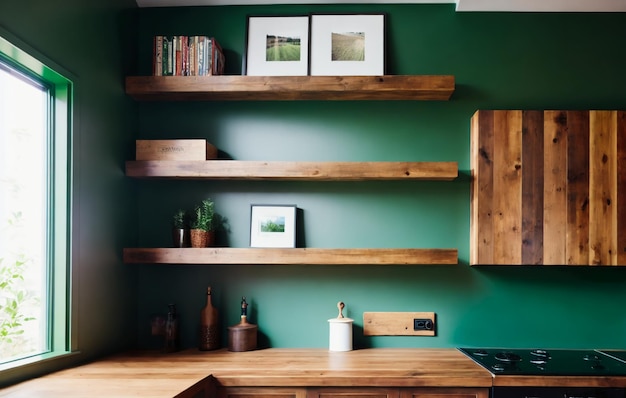 Painéis de parede verde com prateleira de madeira na sala da cozinha