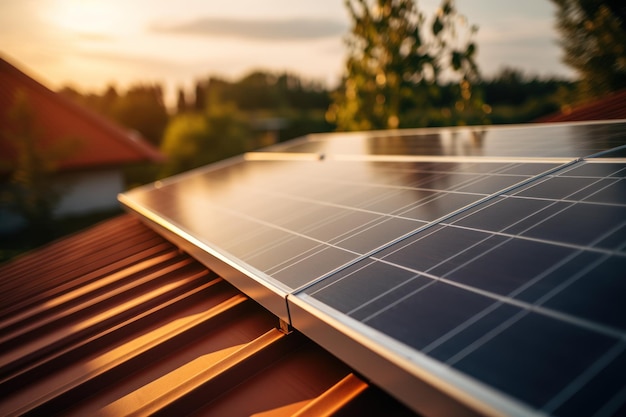 Painéis fotovoltaicos no telhado Telhado de painéis solares Vista de painéis solares célula solar na casa do telhado com luz solar