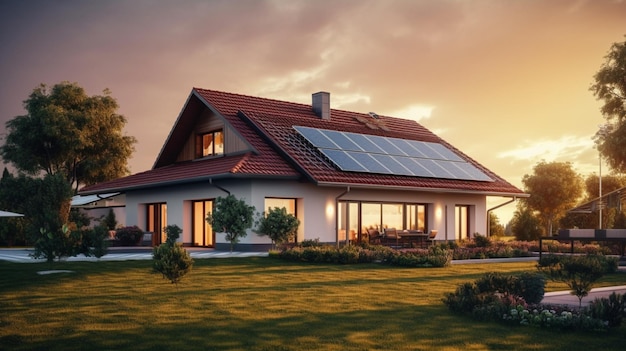 Painéis fotovoltaicos ou solares em uma casa isolada com um quintal em frente a um lindo céu Generative A
